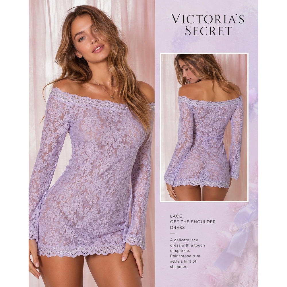 Victoria's Secret Lavender Lace Off The Shoulder Rhinestone Mini Dress XL Purple